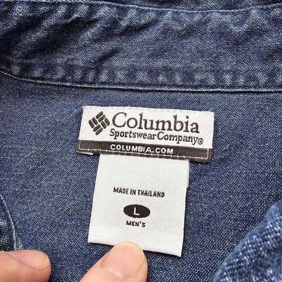 Columbia Blue Jean Denim Hunting Shirt Button Up Size L Shooting Padded Shoulder - Picture 3 of 7